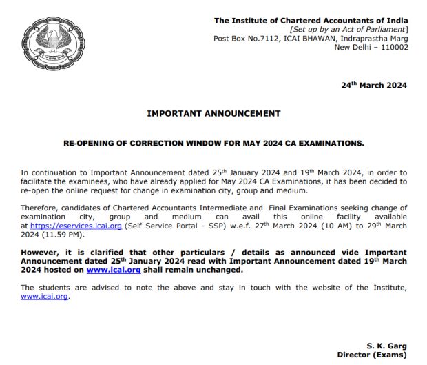 ICAI Re-opens Application Correction Facility Official Notice